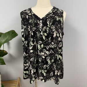 Rose + Olive Chiffon Sleeveless Top Plus 2X Black Garden Floral Blouse Fairy